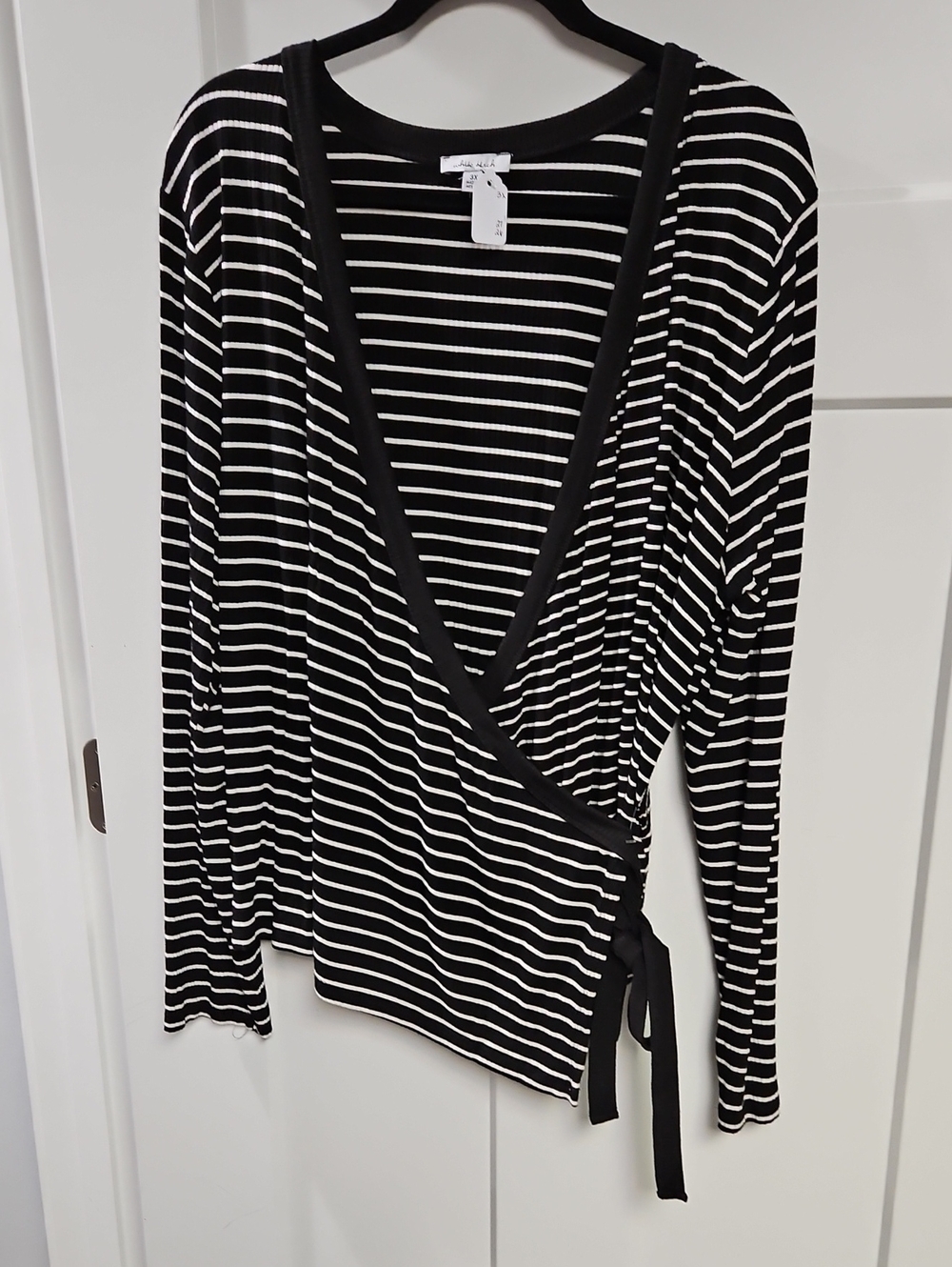 white birch Black and White Striped Wrap-Style Long Sleeve Top
